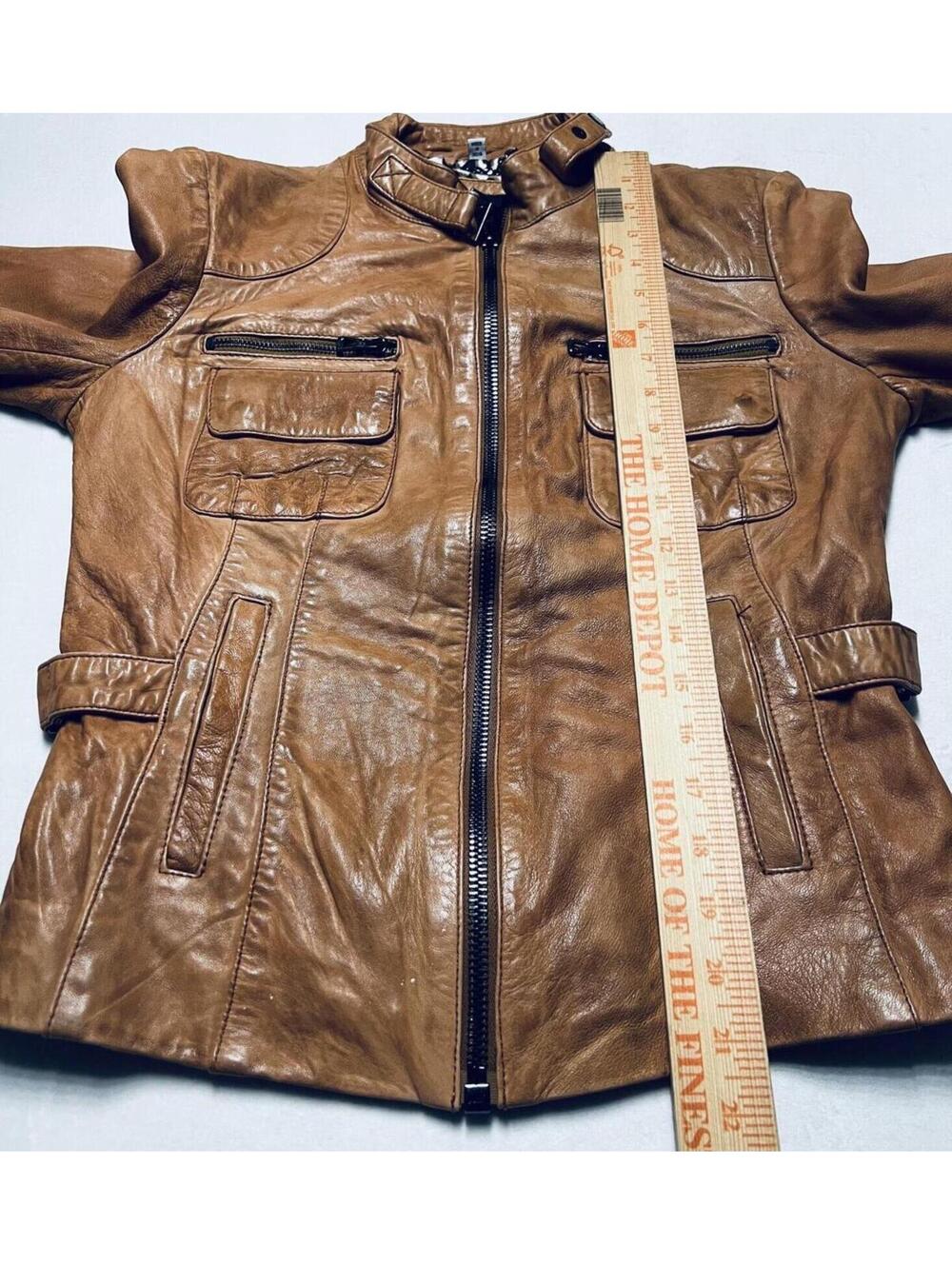 Bod & Christensen Tan Lambskin Leather Moto Jacket Leopard Print Lining Small - Picture 7 of 7